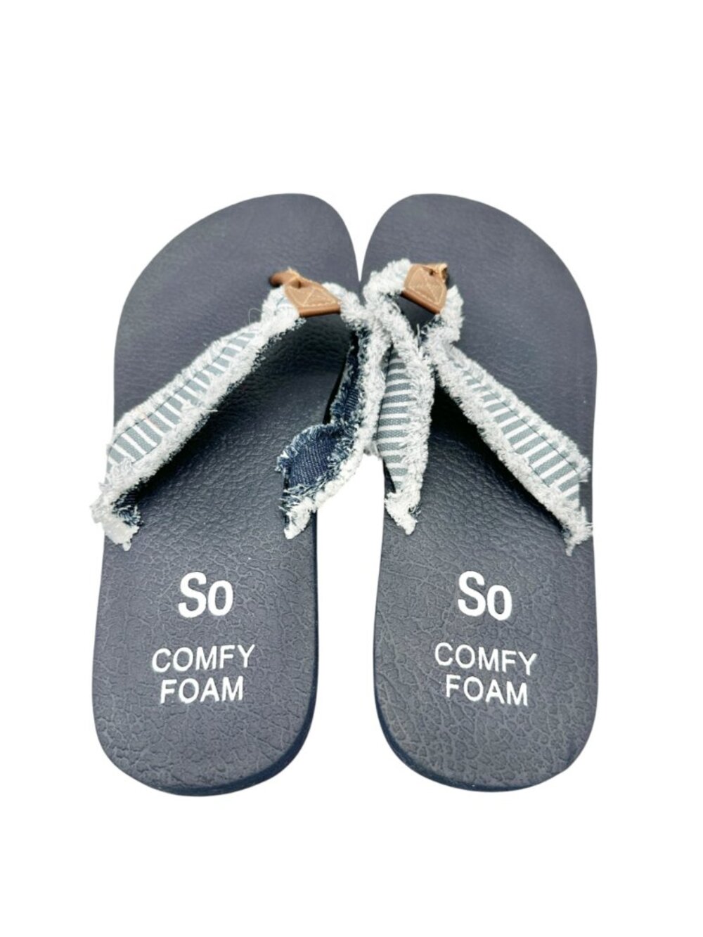 So Comfy Foam Womens Denim Flip-Flops Size 10 Striped Straps Faux Leather Accent - Picture 4 of 6